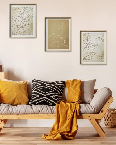 UPWOIGH Neutral Boho Line Art Framed Wall Art, 12 x 16 Inch, Set of 3 | Female Figure and Botanical Line Prints, Beige and Brown Earth Tones, Light Wood Frames for Bedroom, Office and Gallery Wall - color: Boho Brown
