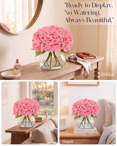 Hydrangea Artificial Flowers with Vase, Real Touch Latex, Pink | Lifelike Faux Water, Nearly Natural Leaves, Durable & Fade-Resistant, Home Office Table Centerpiece Decor - color: Pink
