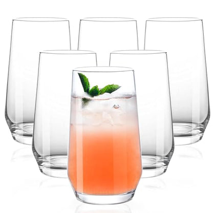 Drinking Glasses Set of 6, 16.4oz Highball Glasses, Crystal Clear Tall Water Glasses, Glass Cups for Cocktail, Juice, Iced Tea, Mojito and Smoothies, Clear Glassware Set, Gifts - size: Tall -16 oz