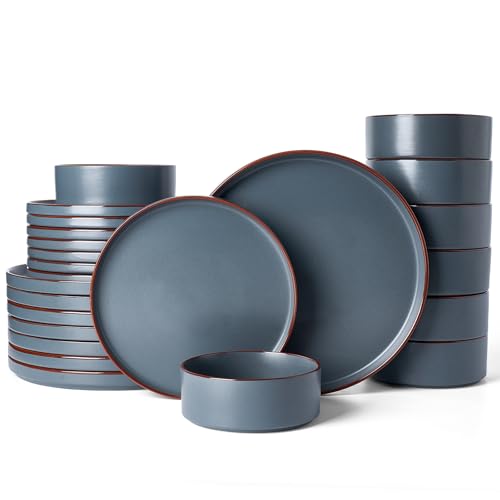 Famiware Nebula Ridge 24-Piece Stoneware Dinnerware Set, Charcoal | Plates and Bowls for 8, Warm Hand-Painted Rims, Microwave and Dishwasher Safe, Daily Essentials - color: Charcoal, size: Service for 8 (Standard Dinner Set)
