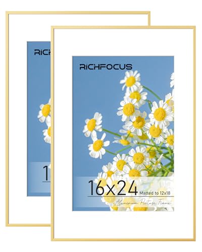 RICHFOCUS 16x24 Poster Frame Set of 2|16x24 Picture Frame with Mat for 12x18|16 x 24 Metal Aluminum Frame for Wall with Tempered Glass|Hanging Hardwares Included, Gold - color: Gold, size: 16x24-2P-Tempered Glass