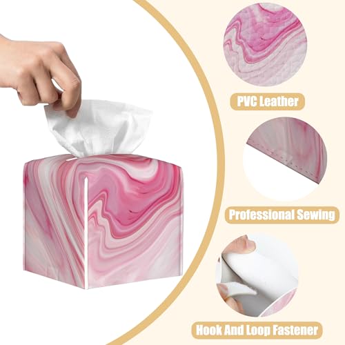 Pink Liquid Marble Tissue Box Cover Square, Tissue Box Holder with Bottom Belt Leather Facial Paper Organizer Dispenser for Bathroom Bedroom Dresser Night Stand Tabletop - color: Pink Liquid Marble
