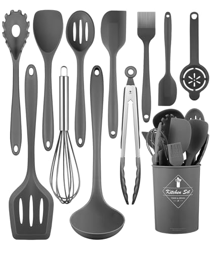 Gray Kitchen Utensils Set-12 Pieces Silicone Cooking Utensils Set | Dishwasher Safe 392°F Heat Resistant Spatula Set Kitchen Utensil Set for Nonstick Cookware,Best Kitchen Tools with Holder - color: Gray