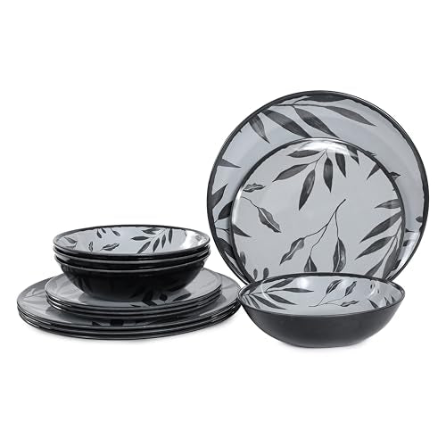 12pcs Dinnerware Set, Melamine Plates and Bowls Sets, Grey Leaves | Farmhouse Tableware Service for 4, Unbreakable Dinner Salad Dessert Plate, Cereal Bowl Set for Outdoor, Durable RV Dishes - color: Grey Leaves
