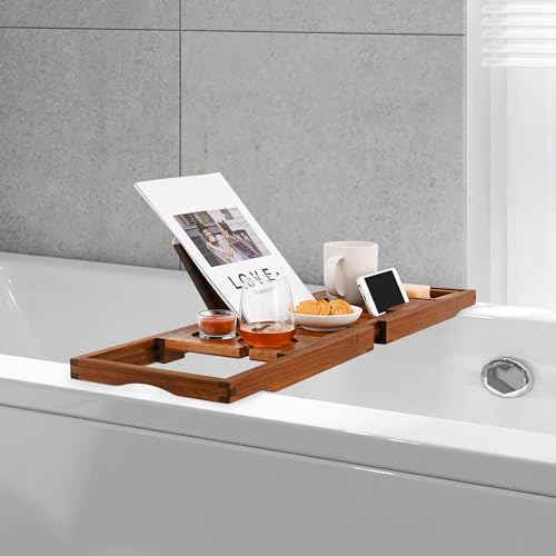 Utoplike Teak Bathtub Caddy, Expandable Bath Table Tray for Tub | Solid Wooden Bathtub Organizer with Book Tablet, Wine Glass Cup, Towel Holder, Adjustable