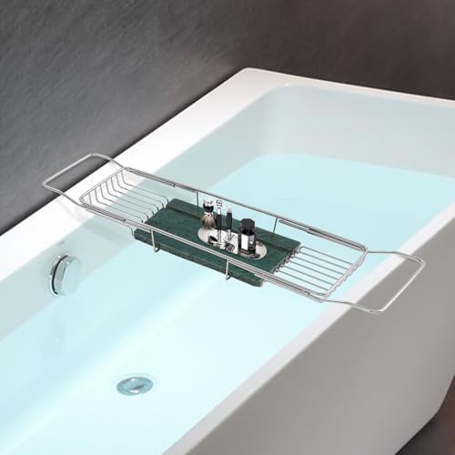 Expandable Bathtub Tray Caddy for Luxury Bath, Extra Wide Acrylic Tub Tray with Natural Marble Board, Waterproof Bath Tub Shelf for Phone, Wine, Book, Tablet Stand - Ideal Home Spa (Silver, Green) - color: Silver, Green