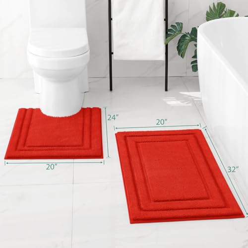 HOMEIDEAS Bathroom Rugs Sets 2 Piece, Super Soft and Absorbent Non Slip Microfiber Machine Washable Bath Mat Set (20"x32"+U20 x24, Red) - color: Loop- Red, size: 1'8" x 2'8" (20"x32"+U Shape 20"x24")
