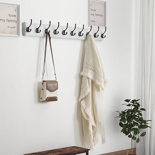 Wall Mounted Coat Rack: 38-1/4" Long, Patented, Heavy-Duty, 10-Double-Hooks Wooden Hanger Rail for Winter Coats, Hat, Jacket, Clothing - White & Black, Pack of 2 - color: White & Black, size: L=38.3"(2pcs)