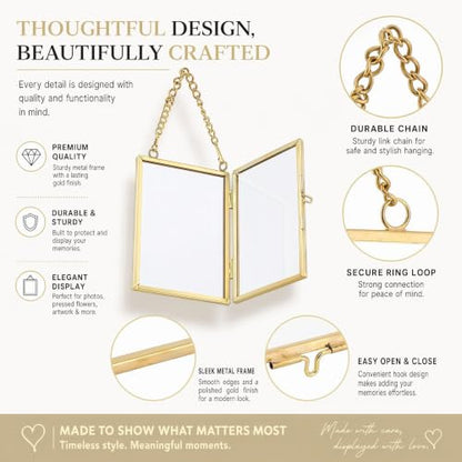 4 Pcs Pressed Flower Frame with Tweezers, Wall Hanging Tabletop Display Double Glass Frames with Metal Chain for Pressed Dried Flowers Plants, Horizontal and Vertical Picture Frame, Gold, FRAMES ONLY - color: Gold-4