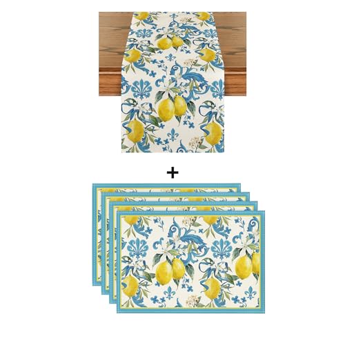 Artoid Mode Blue Lemon Iris Spring Place Mats 12x18 Inch Set of 4 and Table Runner 13x72 Inch