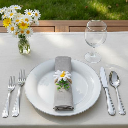 Bee and Daisy Napkin Rings, Set of 12 | White Flower Napkin Holders for Spring Parties, Weddings, Dinner Tables and Bee-Themed Table Decor
