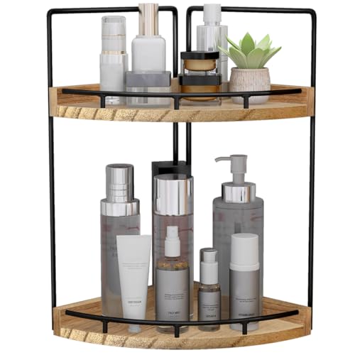 Dorhors Corner Bathroom Counter Organizer,Vanity Countertop Storage Shelf | 2-Tier Rustic Brown Rack Holder for Skincare,Perfume,Makeup,Lotion,Wood Sink Tray Stand for Kitchen,Restroom,Dresser - color: Brown