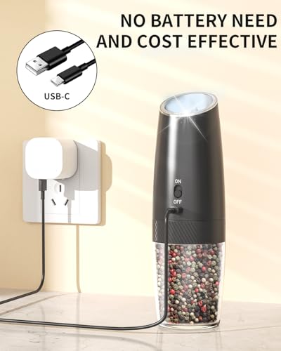 CIRCLE JOY Rechargeable Electric Salt and Pepper Grinder Set Gravity Salt and Pepper Mills Set with LED Light, No Battery Needed, Adjustable Coarseness, Washable 135ml Container, Black - color: Black, size: KYMQ + Rechargeable
