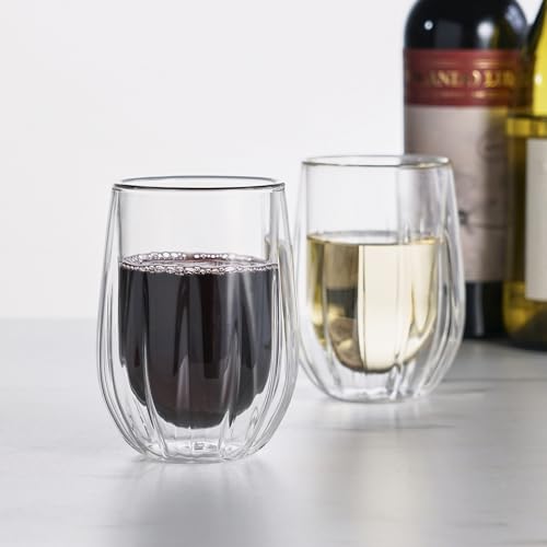 Viski Insulated Double Walled Stemless Wine Glasses, Drinking Glass with Cut Crystal Design, Home Bar Accessories, Glassware, 13 oz, Set of 2, Clear - style: Double-Walled Wine Glasses