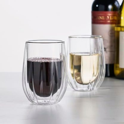 Viski Insulated Double Walled Stemless Wine Glasses, Drinking Glass with Cut Crystal Design, Home Bar Accessories, Glassware, 13 oz, Set of 2, Clear - style: Double-Walled Wine Glasses