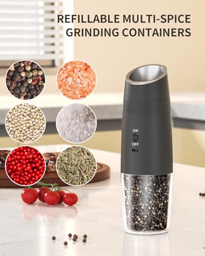 CIRCLE JOY Gravity Electric Salt and Pepper Grinder Set Rechargeable Automatic Pepper and Salt Shakers with LED Light, External Adjustable Coarseness, One-Hand Operation for Salt & Spices - color: Black Pro, size: KYMQ + Rechargeable