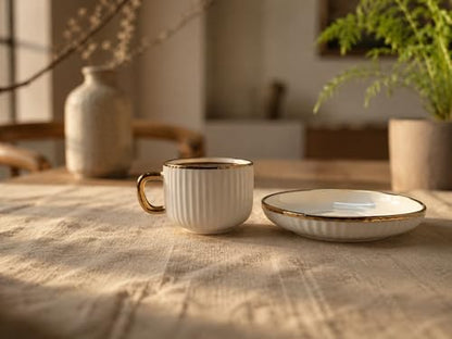 Espresso Cups with Saucers, Set of 6, Stackable Demitasse Coffee Cups with Gold Trim, Lead-Free Ceramic Cappuccino Mugs for Coffee Bar, Latte, Mocha, Tea - Modern Home Cafe (3, Fluid Ounces)