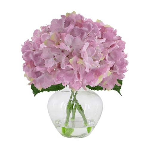 Pink Silk Hydrangea Artificial Flowers Fringed Edge Fake Flowers with Glass Vase, Centerpiece for Home Decor Bathroom Table Centerpiece Shelf Decorations - color: Pink