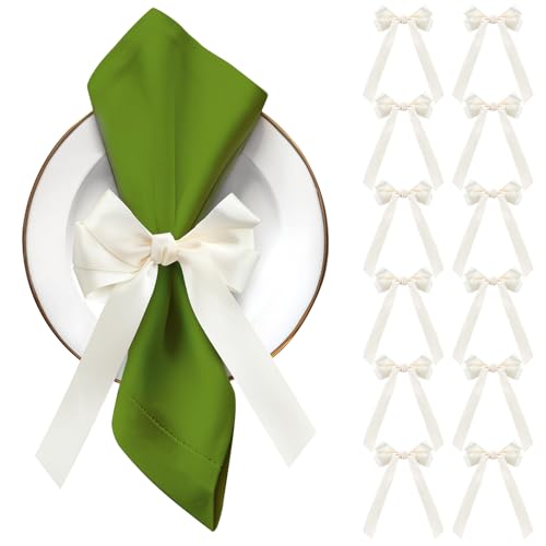 12 Pcs Ivory White Bow Napkin Rings, Ribbon Bows for Dinner | Ribbon Charms for Wine Glasses Candle Holder Gift Wrap, Wedding Bridal Shower Party Table Decor, Bulk Ties Coquette Aesthetic - color: Ivory White