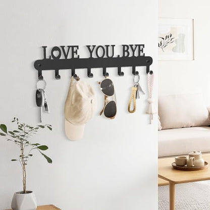 Key Holder for Wall - 'Love You Bye' Key Hooks, Black, 6 Hooks | Key Holder Wall Mount Self Adhesive, Key Rack Wall Mount for Wall No Drill for Living Room, Kitchen, Bathroom, Garage - color: Love You Bye' Black 2p
