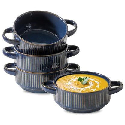 Soup Bowls with Handles, 23 oz French Onion Soup Crocks, Stackable Soup Bowl Oven Safe for Chili, Beef Stew, Embossment Ceramic Bowl Set - 5.4 Inch, Set of 4,Blue - color: Blue