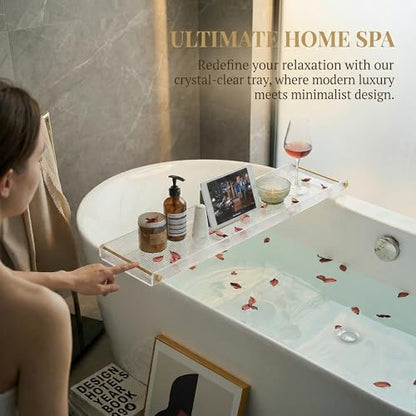 Bathtub Caddy Tray for Luxury Bathroom Bath tub Table Caddy Tray Shelf for Shower with Gold Handles fits All bathtubs - color: Ripple - With Handle