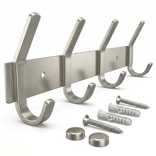 Coat Rack Wall Mount – Brushed Nickel 12 Inch Stainless Steel Hook Rail with 4 Heavy Duty Double Coat Hooks – Wall Mounted Coat Hanger for Entryway, Bathroom, Bedroom, Towel, Hat Organizer - color: Silver, size: 4 Hooks - 1 Pack