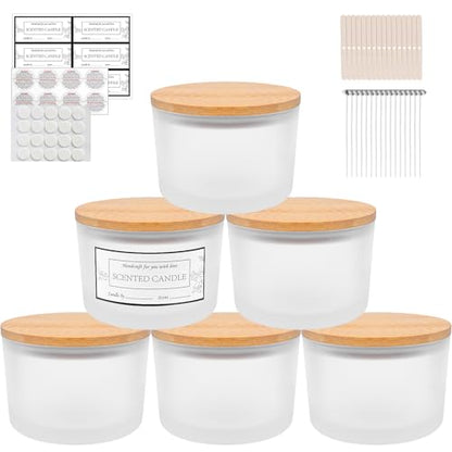 CONNOO 6 Pack 16oz Frosted Wide Mouth Glass Candle Jars | Come with Bamboo Lids, Sticky Warning Labels, Candle Wick Kit for Candle Making - color: 6 Pack-Matte Frosted