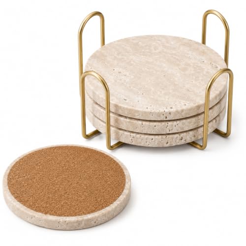 Travertine Coasters with Gold Holder, Set of 4 Natural Stone, Cork Backing | Real travertine coasters with cork backing and gold holder, unique natural pores for coffee tables, desks and home bars - color: 4 Round Coasters+ 1 Cup Holder
