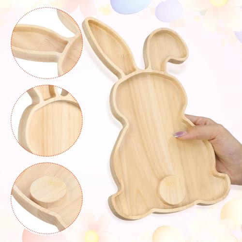 Toddmomy Easter Bunny Wooden Serving Tray, 11-Inch Rabbit Shaped Charcuterie Board, Natural Wood Fruit & Snack Platter for Easter Farmhouse Table Decor, Spring Party Appetizer Dish