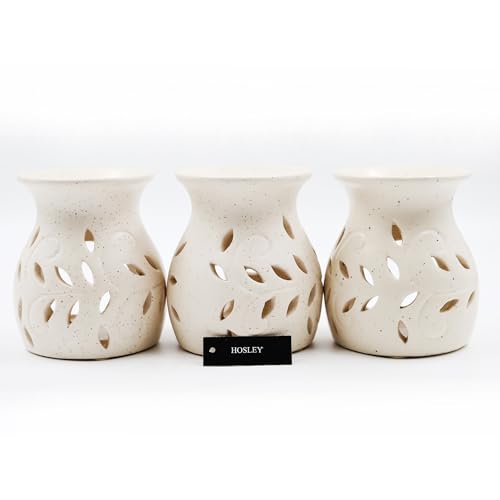 Hosley Elegant Ceramic Oil Warmers with Leaf Pattern and Speckle Design 4.5 Inches High Tealight Compatible for Aromatherapy and Home Decor Set of 3 - color: Cream 2
