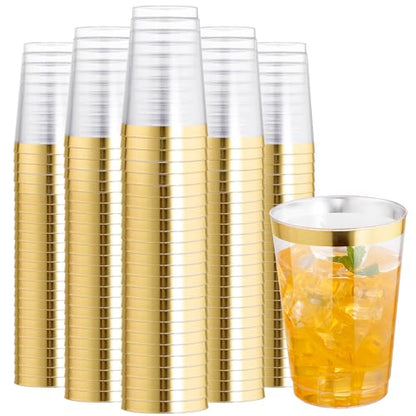 I00000 200 Pack 12 oz Gold Plastic Cups, Premium Gold Rimmed Plastic Cups | Heavy Duty, BPA-Free, Bulk Catering, Everyday Use, Wine Glasses, Cocktail Glasses, Gold Cups Perfect for Party & Wedding - color: 12-Gold-200
