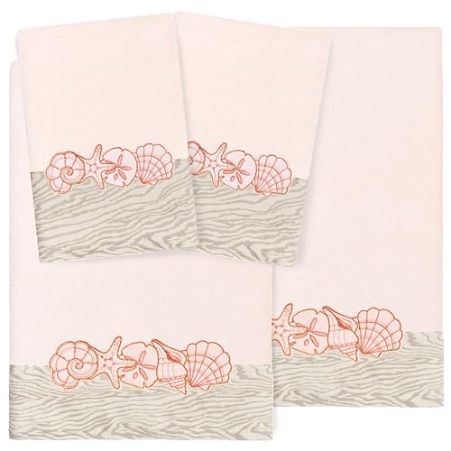 Seaside 4-Piece Luxury Towel Set, Sparkling Seashell Applique, Plush Turkish Cotton, Durable & Quick Dry, Nautical Bath Ensemble, 2 Bath 2 Hand Towels, Blush - color: Blush, size: 2 Pcs Bath 2 Pcs Hand Towel
