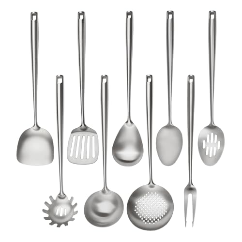 18/10 Stainless Steel Cooking Utensils Set,9 Pcs Professional All Metal Stainless Steel Kitchen Utensils Set with Wok Spatula,Soup Ladle,Skimmer,Slotted Spatula Turner, Large Spoon(Dishwasher Safe)