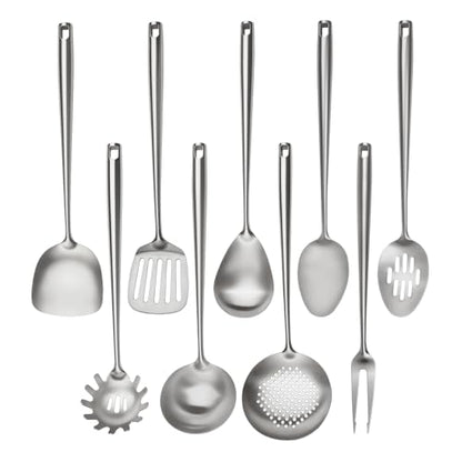 18/10 Stainless Steel Cooking Utensils Set,9 Pcs Professional All Metal Stainless Steel Kitchen Utensils Set with Wok Spatula,Soup Ladle,Skimmer,Slotted Spatula Turner, Large Spoon(Dishwasher Safe)