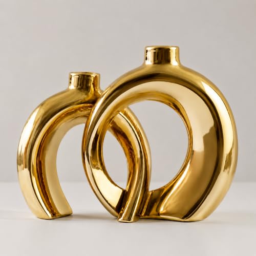 Set of 2 Gold Ceramic Vases for Home Decor Accents - Unique Hollow Donut Artistic Design Modern Art Deco Luxury Style Decorative Vases for Shelf, Mantel, Entryway Table Decor (Matte Gold) - color: Matte Gold