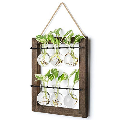 Mkono Plant Propagation Station, Wall Hanging 2-Layer Glass Terrarium Vases | Wood Stand Planter, Hydroponic Flower Cuttings, Premium Bulb Jars,Retro Design,Clear Root View,Home Office Garden Decor