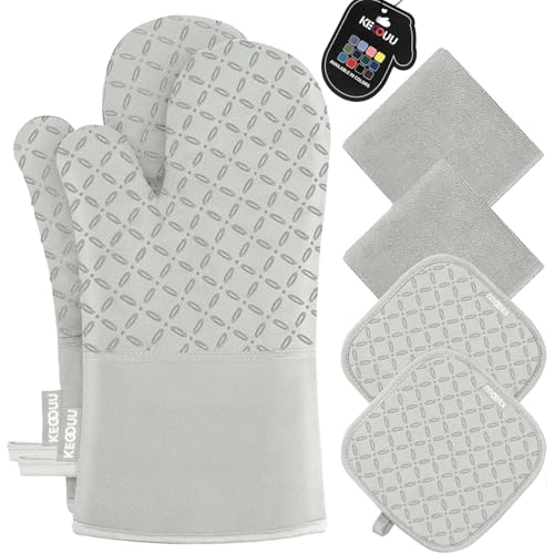 KEGOUU Oven Mitts and Pot Holders 6pcs Set, Kitchen Oven Glove High Heat Resistant 500 Degree Extra Long Oven Mitts and Potholder with Non-Slip Silicone Surface for Cooking （Greenish Gary） - color: Greenish Gary