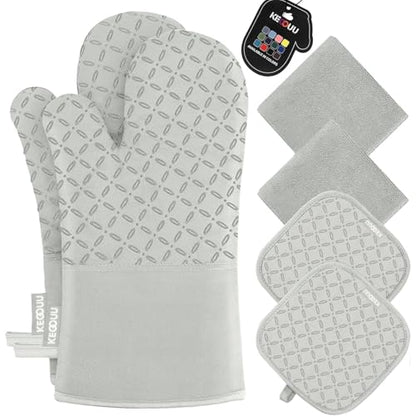KEGOUU Oven Mitts and Pot Holders 6pcs Set, Kitchen Oven Glove High Heat Resistant 500 Degree Extra Long Oven Mitts and Potholder with Non-Slip Silicone Surface for Cooking （Greenish Gary） - color: Greenish Gary