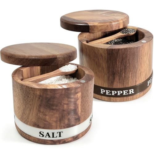 ThougrLyh Salt Cellar, Acacia Wood Salt Pepper Containers for Countertop | Built-in Spoon, Magnetic Swivel Lid, Luminous Engraved SALT Label Holder, 2pcs 6oz Kitchen Salt Box for Spice Storage - color: salt and pepper cellars