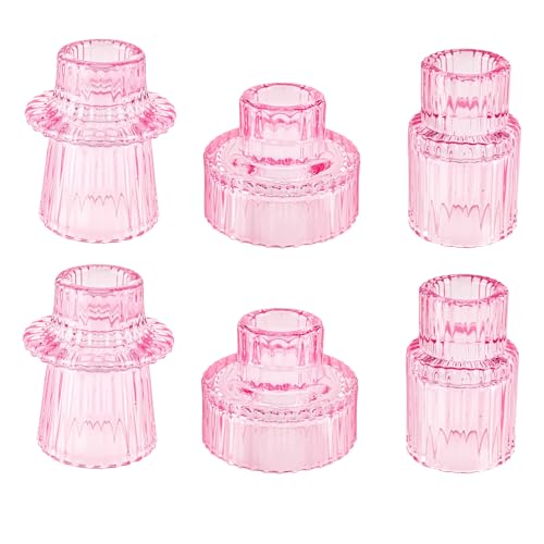 Glass Candlestick Holders, Taper Candle Holders, Set of 6, Pink | Double-sided ribbed glass taper candle holders for weddings, parties,Valentine’s Day,Mother’s Day,Christmas, and home decor - color: Pink, size: 6 PCS