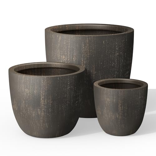 Kante Set of 3 Vintage BRN Concrete Bowl Planters 18" 14" 18" Dia | Drainage for Outdoor, Rubber Plug for Indoor Home, All-Weather Cement Pot, Handcraft, Lightweight & Durable, Anti-UV, Round - color: Oil Rubbed Bronze, size: 18"d + 14"d + 10"d