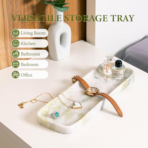 Marble Tray, 12"x4" Marble Vanity Tray for Bathroom Kitchen Countertop Sink, Natural Stone Tray for Home Decor, Decorative Rectangular Narrow Catchall Tray for Jewelry Perfume