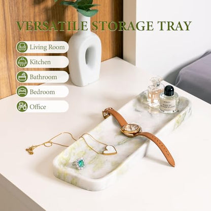 Marble Tray, 12"x4" Marble Vanity Tray for Bathroom Kitchen Countertop Sink, Natural Stone Tray for Home Decor, Decorative Rectangular Narrow Catchall Tray for Jewelry Perfume