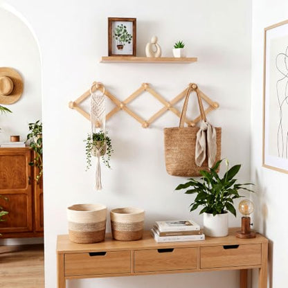3 Pcs Hat Rack for Wall -accordion Wall Hanger & 2 Pcs Floating Walls Shelf | 37.8" Expandable Accordion Wall Hanger with 10 Hook, 15.7" Floating Display Shelves, Wall Hanging Decor Organizer for Hat Key