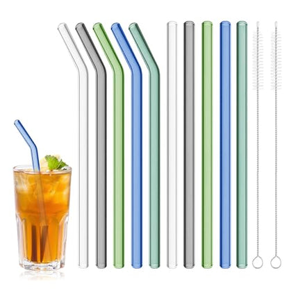 12 Pack Reusable Glass Straws Set, 7.9” x 8 mm Colorful Glass Straws, Includes 5 Straight & 5 Bent Glass Straw with 2 Cleaning Brush, Reusable Drinking Straw for Beverages, Coffee, Milk - color: Colorful - A - Straight+Bent