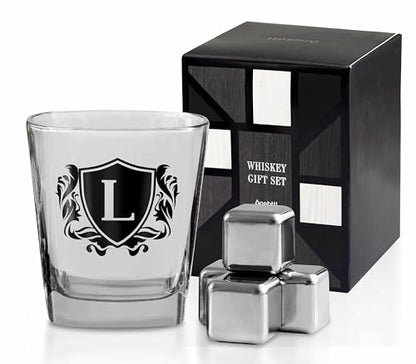 Whisky Gifts for Men, Personalized Initial Whiskey Glass with Whiskey Stones for Dad, Boyfriend, Best Friends, Coworkers, Husband, Brother, Uncle and Boss on Father's Day, Boss Day and Birthday - L - color: L