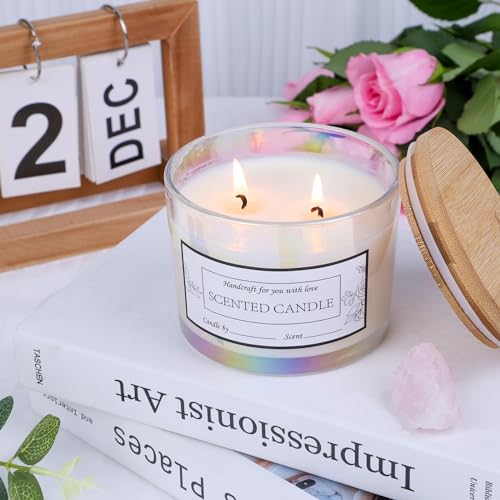 CONNOO 8 Pack 12 oz Iridescent Glass Wide Mouth Candle Jars | For Making Candles, Airtight Bamboo Lids, Sticky Warning Labels, Empty Container Bulk, Dishwasher Safe - color: Iridescent