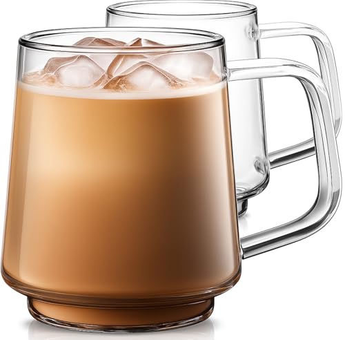 Aquach 20oz Stackable Glass Mugs Set of 2, Large Clear Coffee Tea Cups | Dishwasher/Microwave Safe, Borosilicate Glass, Comfort Handle, Smooth Rim, Stackable, Large Capacity - size: 20 oz