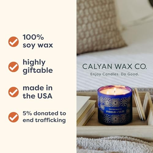 Indigo & Yuzu 3 Wick Scented Candle - 43 Hour Burn | Made in the USA Luxury Clean Soy Wax Candles - Long Lasting Large Glass Jar Candle for Home - 3 Wicks - 14.9oz - color: Indigo + Yuzu
